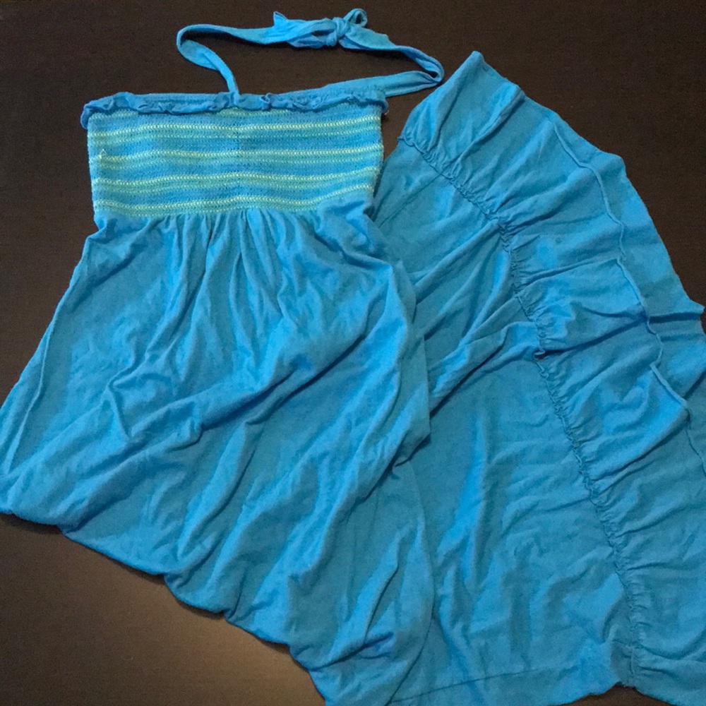 Blue Maxi Dress with Stretch Top, Halter Neck Top